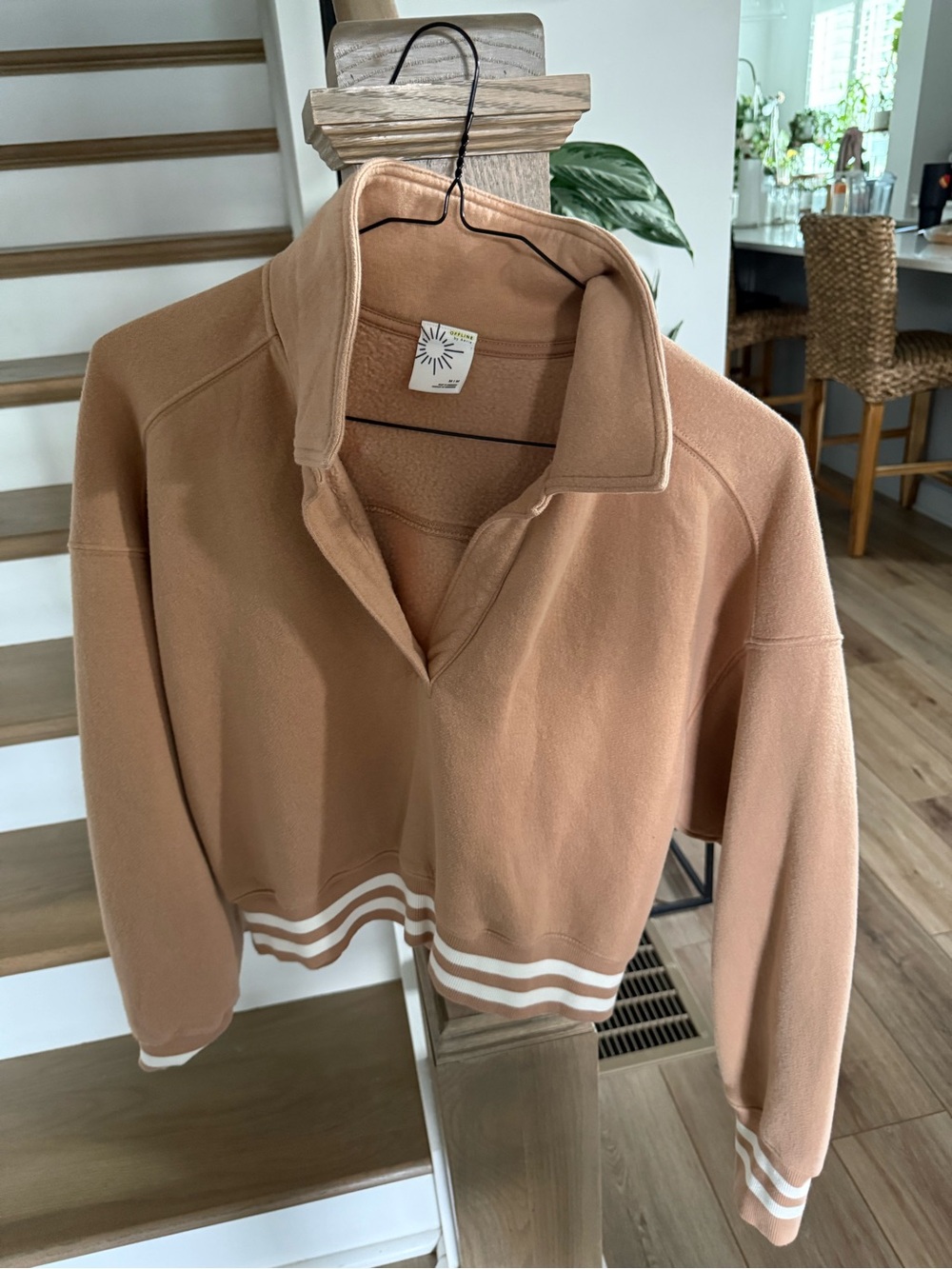 aerie Camel Cropped Pullover with White Stripe Trim